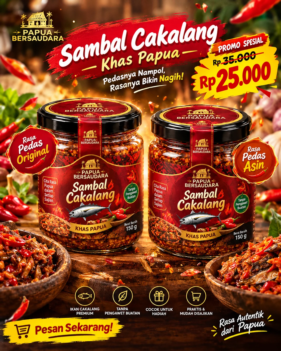Poster promosi Sambal Cakalang Khas Papua dengan dua jar produk